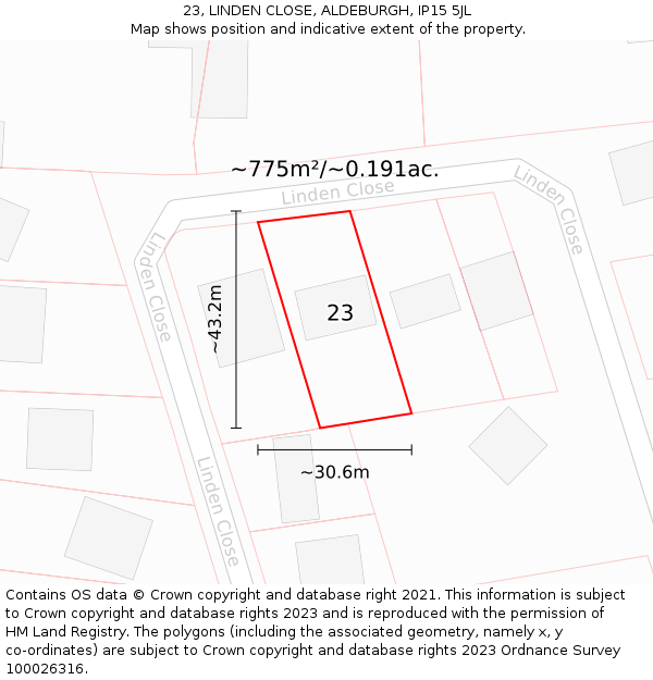 23, LINDEN CLOSE, ALDEBURGH, IP15 5JL: Plot and title map