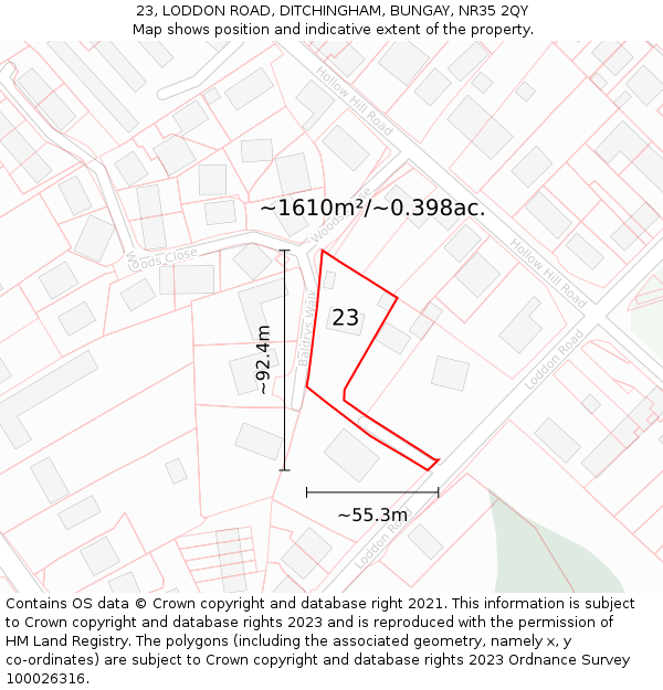 23, LODDON ROAD, DITCHINGHAM, BUNGAY, NR35 2QY: Plot and title map