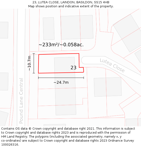 23, LUTEA CLOSE, LAINDON, BASILDON, SS15 4HB: Plot and title map