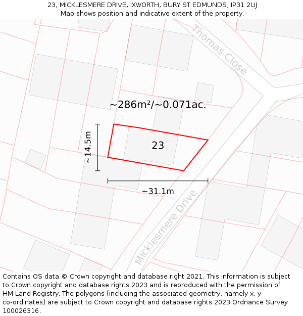 23, MICKLESMERE DRIVE, IXWORTH, BURY ST EDMUNDS, IP31 2UJ: Plot and title map