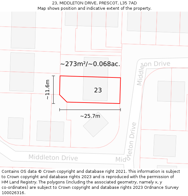 23, MIDDLETON DRIVE, PRESCOT, L35 7AD: Plot and title map