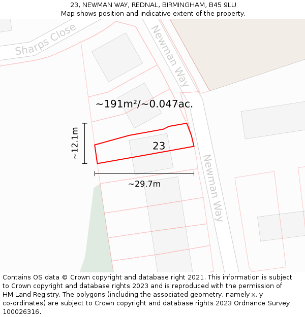 23, NEWMAN WAY, REDNAL, BIRMINGHAM, B45 9LU: Plot and title map