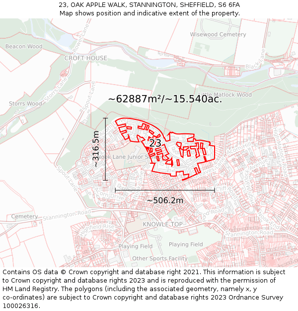 23, OAK APPLE WALK, STANNINGTON, SHEFFIELD, S6 6FA: Plot and title map