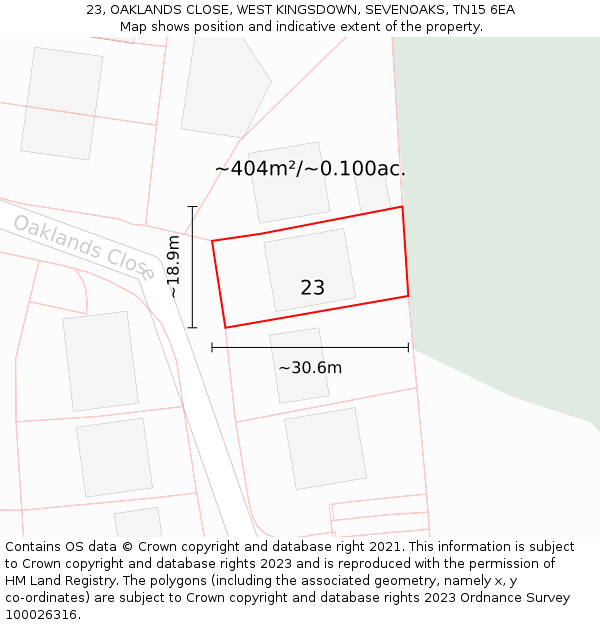 23, OAKLANDS CLOSE, WEST KINGSDOWN, SEVENOAKS, TN15 6EA: Plot and title map