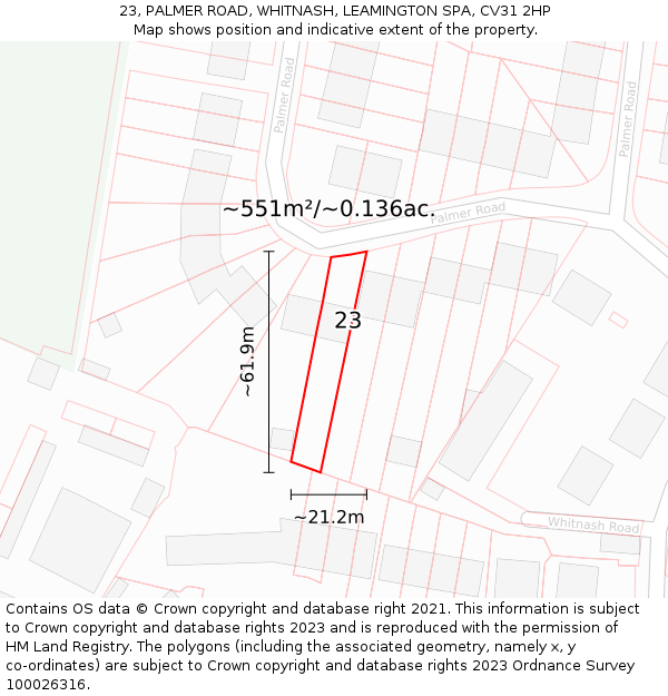 23, PALMER ROAD, WHITNASH, LEAMINGTON SPA, CV31 2HP: Plot and title map