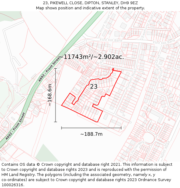 23, PIKEWELL CLOSE, DIPTON, STANLEY, DH9 9EZ: Plot and title map
