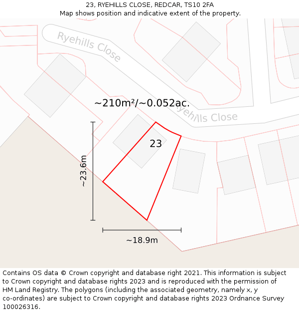 23, RYEHILLS CLOSE, REDCAR, TS10 2FA: Plot and title map