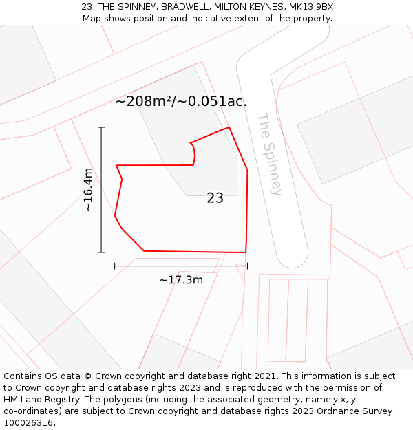 23, THE SPINNEY, BRADWELL, MILTON KEYNES, MK13 9BX: Plot and title map