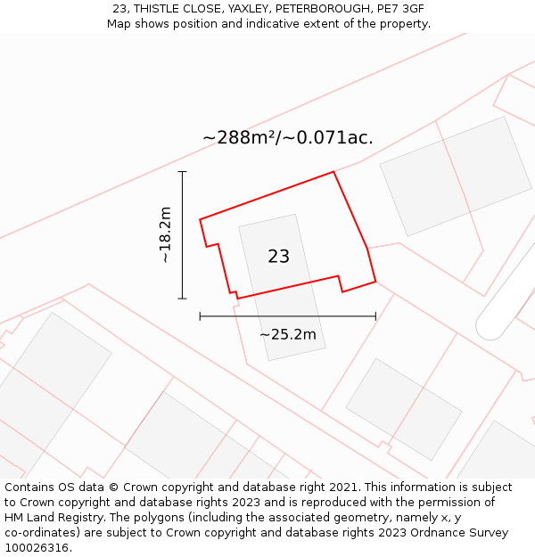 23, THISTLE CLOSE, YAXLEY, PETERBOROUGH, PE7 3GF: Plot and title map