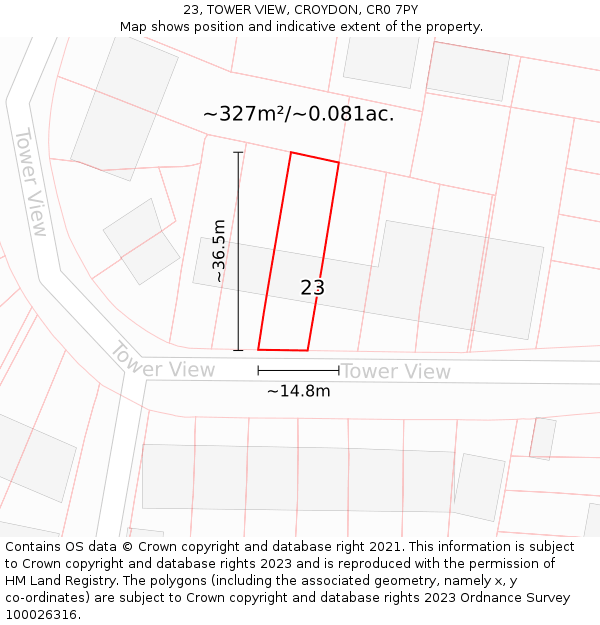 23, TOWER VIEW, CROYDON, CR0 7PY: Plot and title map