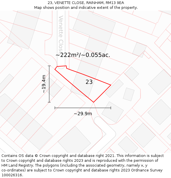 23, VENETTE CLOSE, RAINHAM, RM13 9EA: Plot and title map