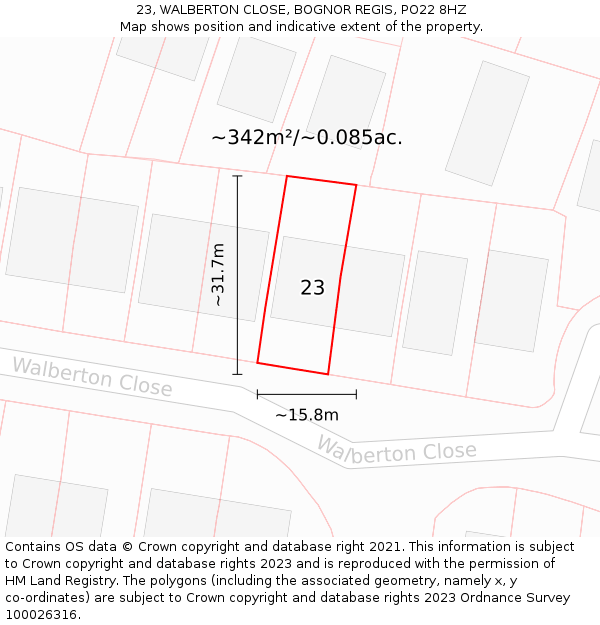 23, WALBERTON CLOSE, BOGNOR REGIS, PO22 8HZ: Plot and title map