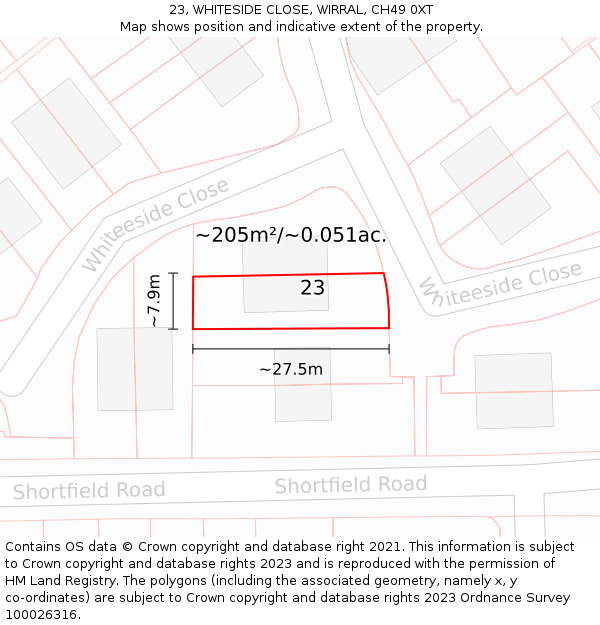 23, WHITESIDE CLOSE, WIRRAL, CH49 0XT: Plot and title map