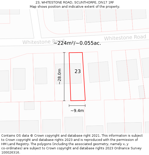 23, WHITESTONE ROAD, SCUNTHORPE, DN17 1RF: Plot and title map