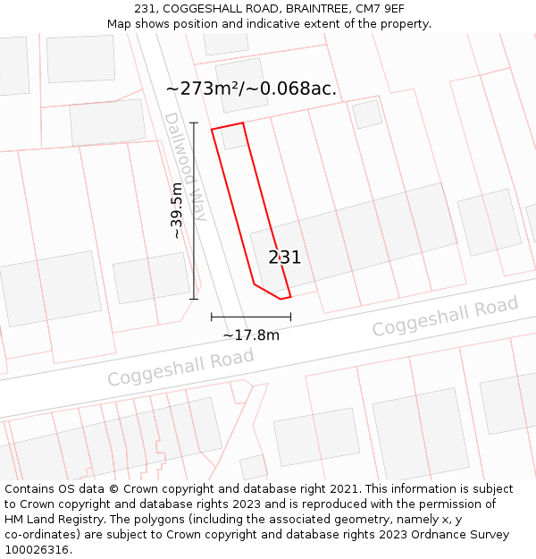231, COGGESHALL ROAD, BRAINTREE, CM7 9EF: Plot and title map