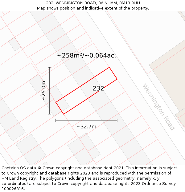 232, WENNINGTON ROAD, RAINHAM, RM13 9UU: Plot and title map