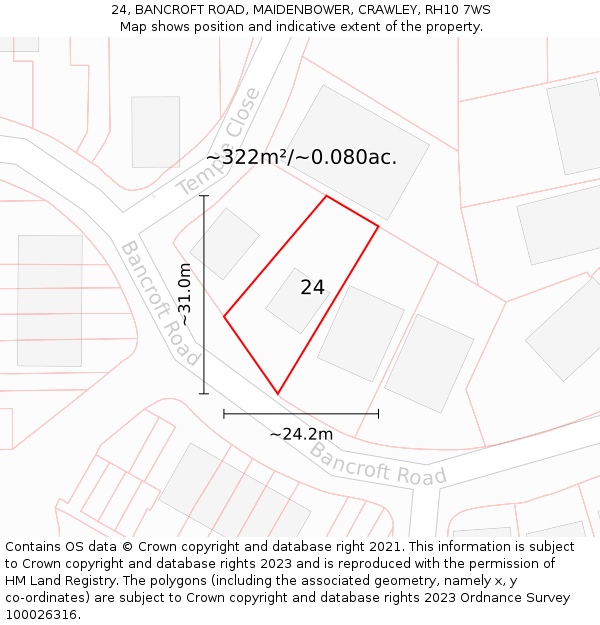 24, BANCROFT ROAD, MAIDENBOWER, CRAWLEY, RH10 7WS: Plot and title map