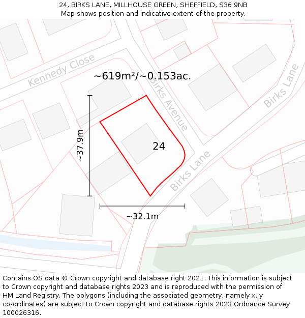 24, BIRKS LANE, MILLHOUSE GREEN, SHEFFIELD, S36 9NB: Plot and title map