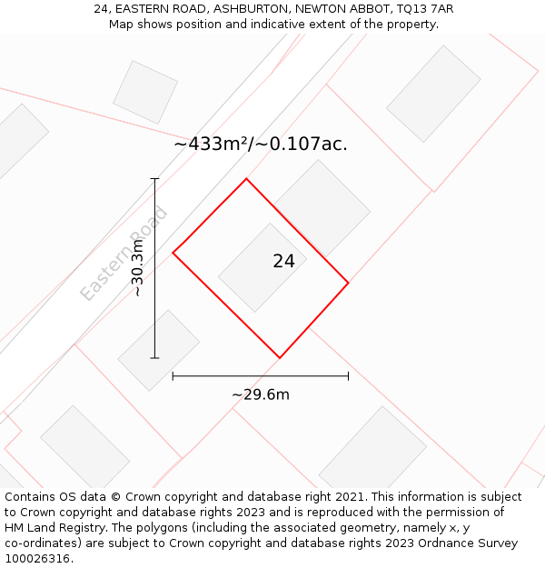 24, EASTERN ROAD, ASHBURTON, NEWTON ABBOT, TQ13 7AR: Plot and title map