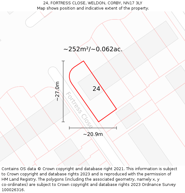 24, FORTRESS CLOSE, WELDON, CORBY, NN17 3LY: Plot and title map