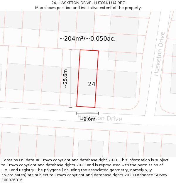 24, HASKETON DRIVE, LUTON, LU4 9EZ: Plot and title map