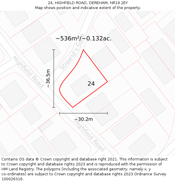 24, HIGHFIELD ROAD, DEREHAM, NR19 2EY: Plot and title map