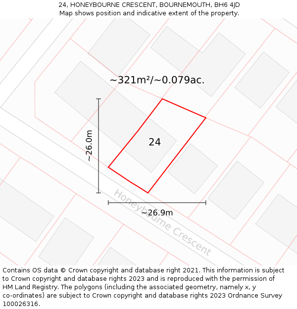 24, HONEYBOURNE CRESCENT, BOURNEMOUTH, BH6 4JD: Plot and title map
