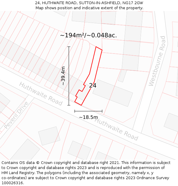 24, HUTHWAITE ROAD, SUTTON-IN-ASHFIELD, NG17 2GW: Plot and title map