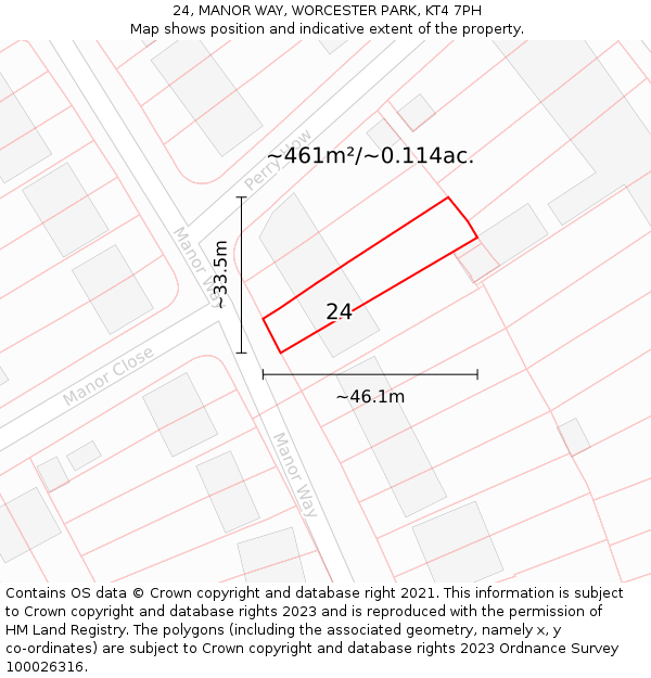 24, MANOR WAY, WORCESTER PARK, KT4 7PH: Plot and title map