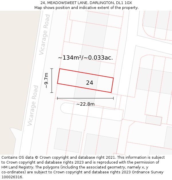 24, MEADOWSWEET LANE, DARLINGTON, DL1 1GX: Plot and title map