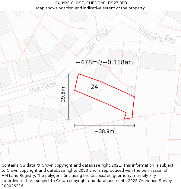 24, NYE CLOSE, CHEDDAR, BS27 3PB: Plot and title map