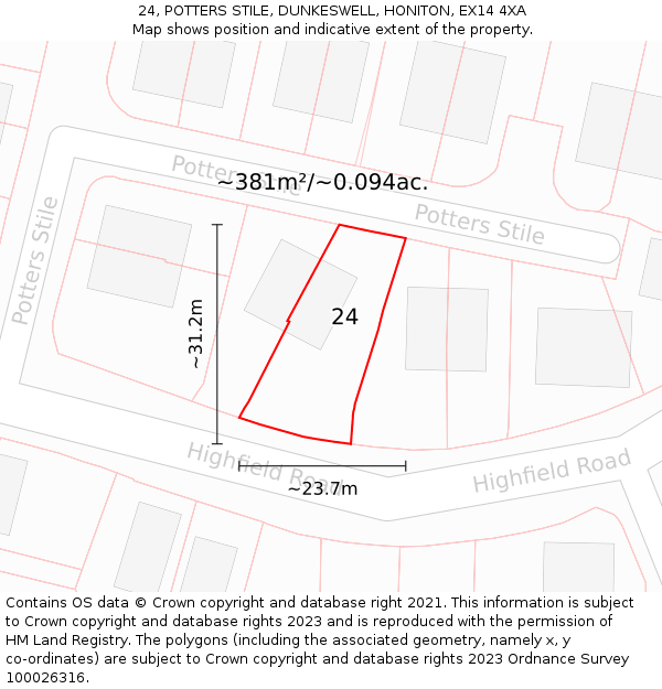 24, POTTERS STILE, DUNKESWELL, HONITON, EX14 4XA: Plot and title map