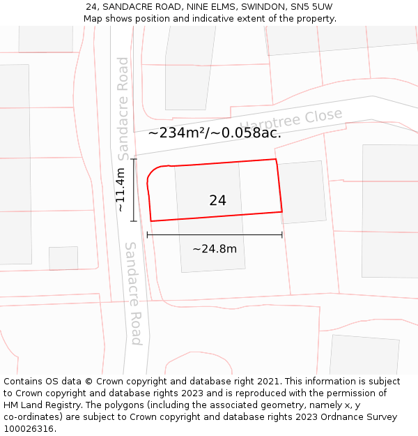 24, SANDACRE ROAD, NINE ELMS, SWINDON, SN5 5UW: Plot and title map