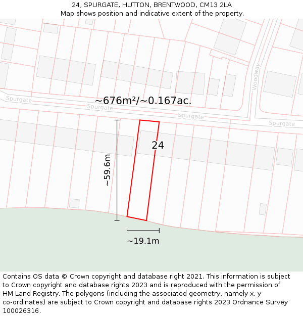 24, SPURGATE, HUTTON, BRENTWOOD, CM13 2LA: Plot and title map