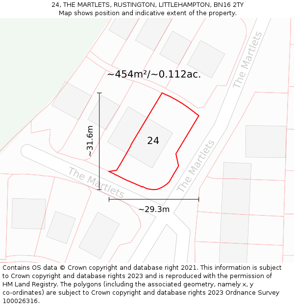 24, THE MARTLETS, RUSTINGTON, LITTLEHAMPTON, BN16 2TY: Plot and title map