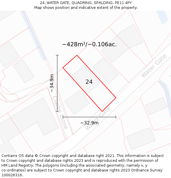 24, WATER GATE, QUADRING, SPALDING, PE11 4PY: Plot and title map