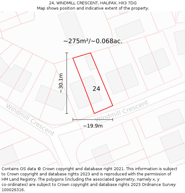 24, WINDMILL CRESCENT, HALIFAX, HX3 7DG: Plot and title map