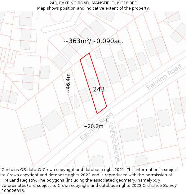 243, EAKRING ROAD, MANSFIELD, NG18 3ED: Plot and title map