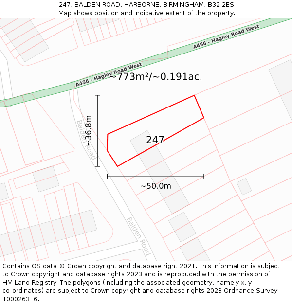247, BALDEN ROAD, HARBORNE, BIRMINGHAM, B32 2ES: Plot and title map