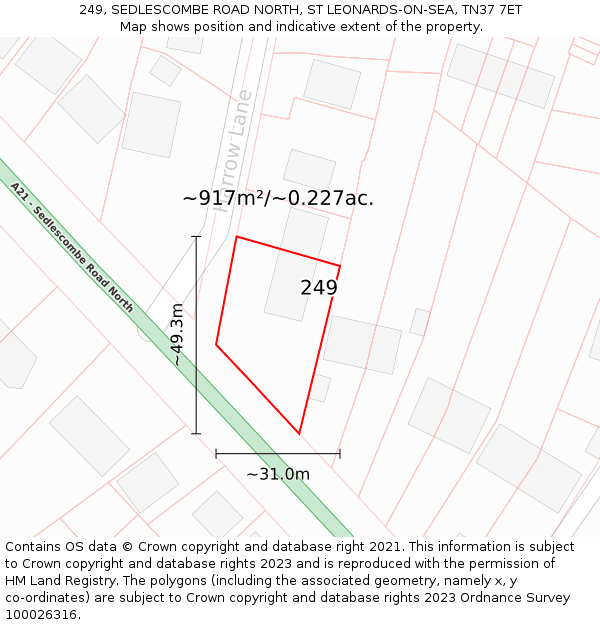 249, SEDLESCOMBE ROAD NORTH, ST LEONARDS-ON-SEA, TN37 7ET: Plot and title map
