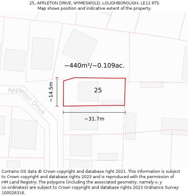 25, APPLETON DRIVE, WYMESWOLD, LOUGHBOROUGH, LE12 6TS: Plot and title map