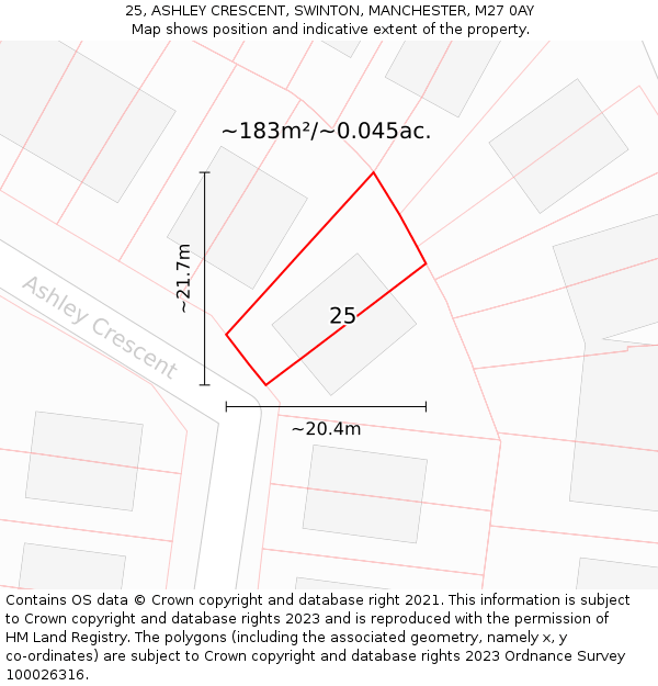25, ASHLEY CRESCENT, SWINTON, MANCHESTER, M27 0AY: Plot and title map