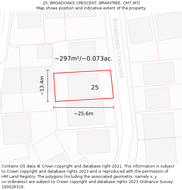 25, BROADOAKS CRESCENT, BRAINTREE, CM7 9FD: Plot and title map