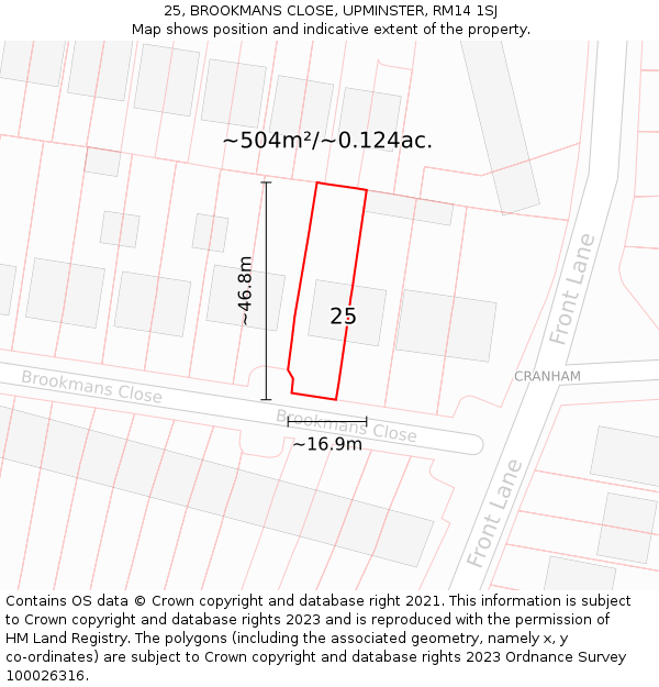 25, BROOKMANS CLOSE, UPMINSTER, RM14 1SJ: Plot and title map