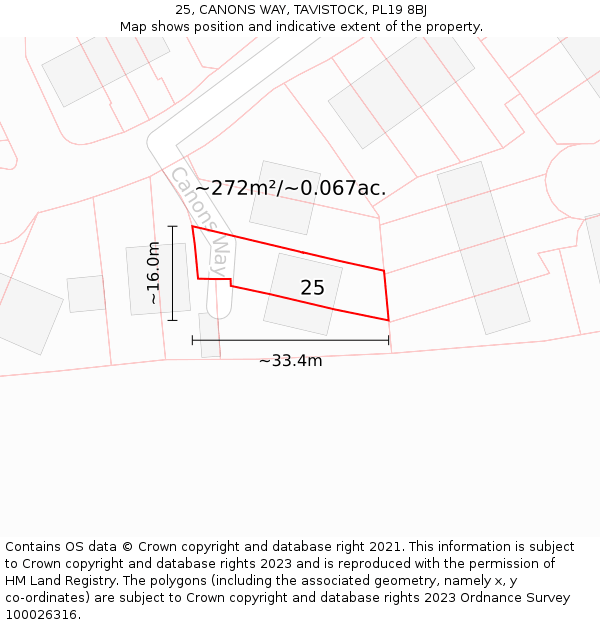 25, CANONS WAY, TAVISTOCK, PL19 8BJ: Plot and title map