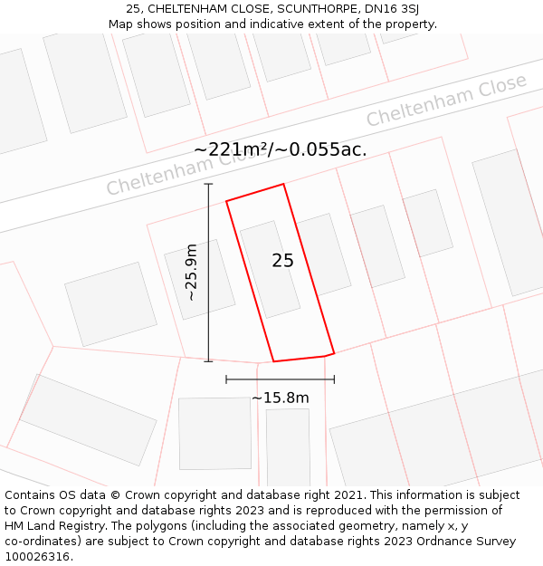 25, CHELTENHAM CLOSE, SCUNTHORPE, DN16 3SJ: Plot and title map