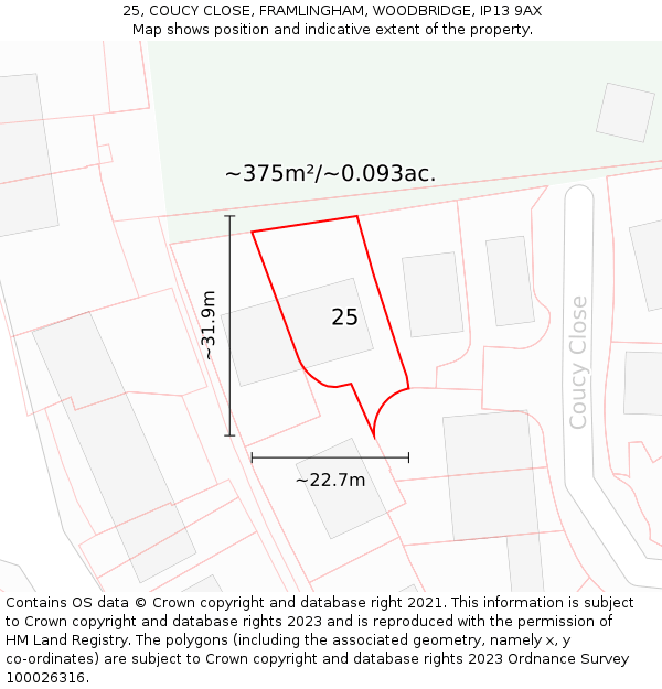 25, COUCY CLOSE, FRAMLINGHAM, WOODBRIDGE, IP13 9AX: Plot and title map