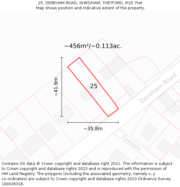 25, DEREHAM ROAD, SHIPDHAM, THETFORD, IP25 7NA: Plot and title map