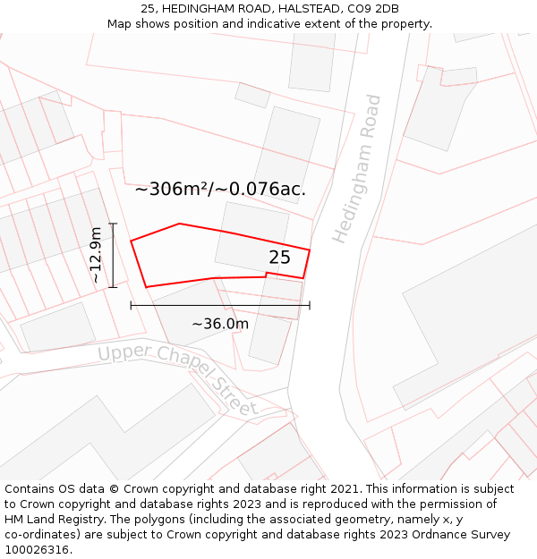 25, HEDINGHAM ROAD, HALSTEAD, CO9 2DB: Plot and title map