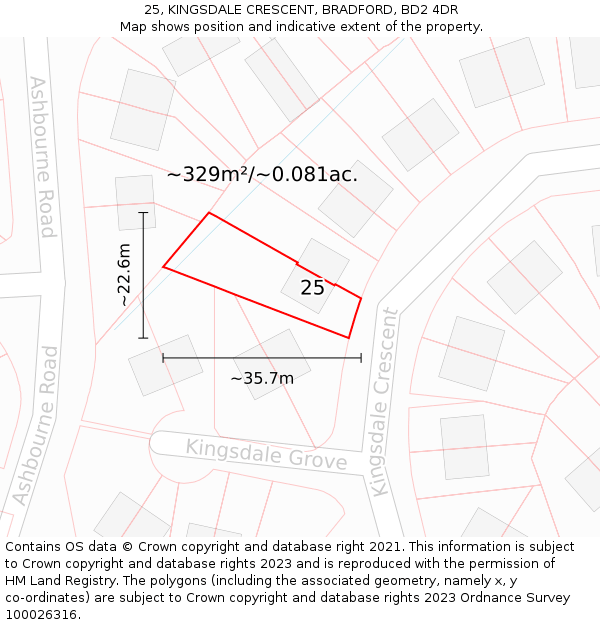 25, KINGSDALE CRESCENT, BRADFORD, BD2 4DR: Plot and title map